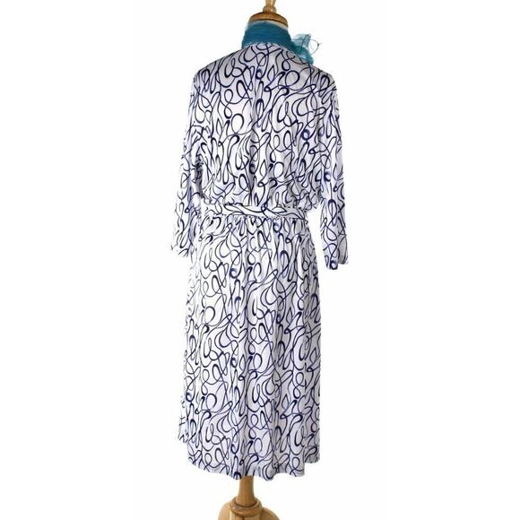 Vintage 80s Dress Blair Blue and White Elastic Waist w Scarf Sz M 14P - Hey Viv - Picture 5 of 6